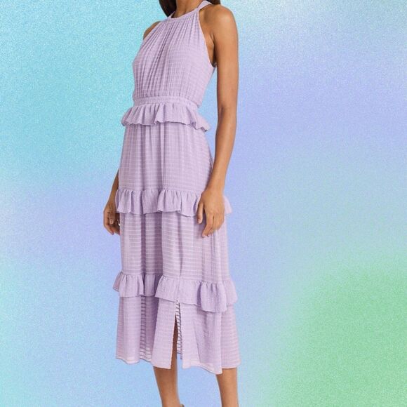 NWT Donna Morgan Lilac halter neck ruffled tiered midi dress. Size 4 - Picture 4 of 13